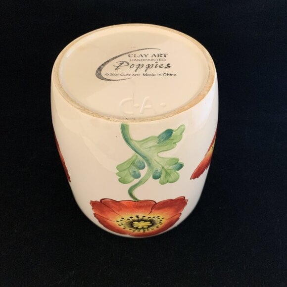 Poppies by Clay Art Hand Painted Oval Vase 7" 2001 Utensil Holder Pottery Vtg - Picture 8 of 12